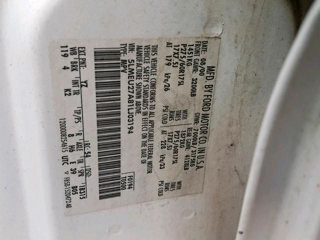 5LMEU27A81LJ03194 - 2001 LINCOLN NAVIGATOR 白色 照片 10