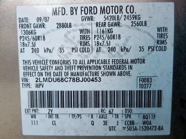 2LMDU68C78BJ00453 - 2008 LINCOLN MKX SILVER photo 10