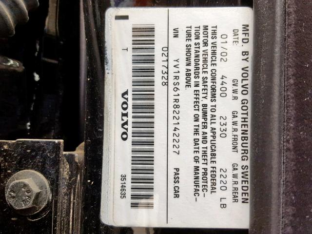 YV1RS61R822142227 - 2002 VOLVO S60 BLACK photo 10