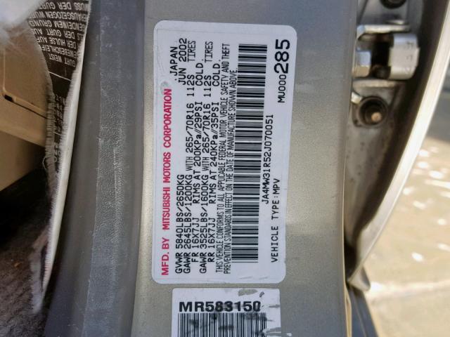 JA4MW31R52J070051 - 2002 MITSUBISHI MONTERO XL GOLD photo 10