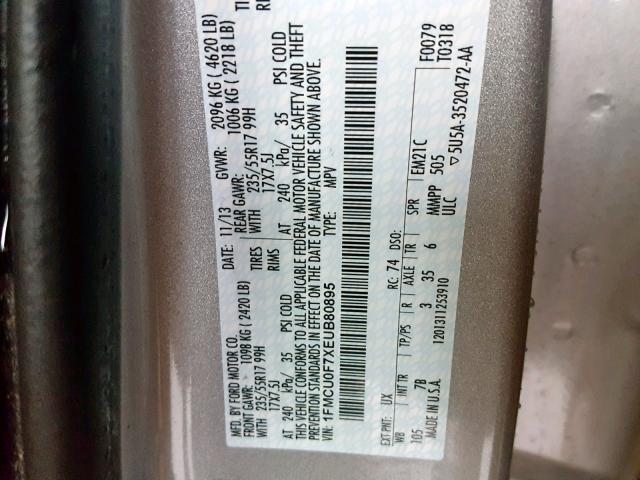 1FMCU0F7XE4B80895 - 2014 FORD ESCAPE S SILVER photo 10