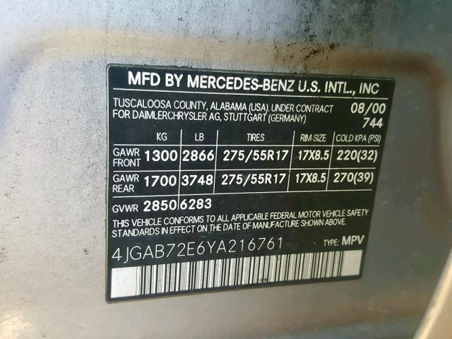 4JGAB72E6YA216761 - 2000 MERCEDES-BENZ ML 430 银色 照片 10