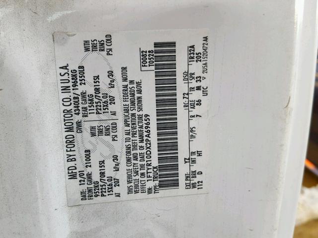 1FTYR10DX2PA69659 - 2002 FORD RANGER WHITE photo 10