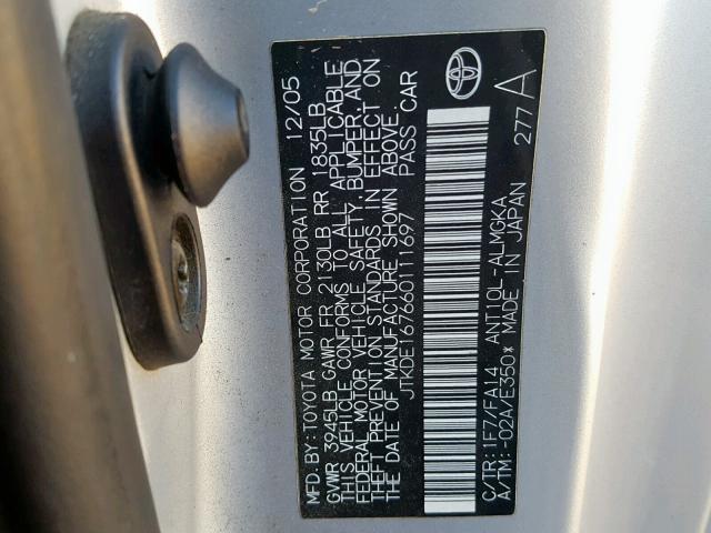 JTKDE167660111697 - 2006 TOYOTA SCION TC 银色 照片 10