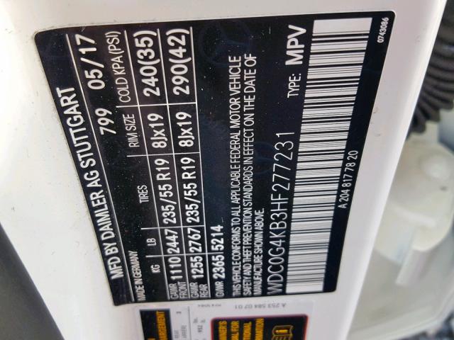 WDC0G4KB3HF277231 - 2017 MERCEDES-BENZ GLC 300 4M WHITE photo 10