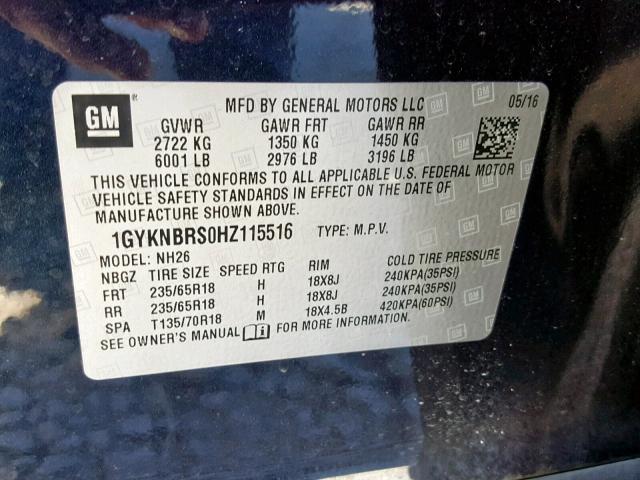 1GYKNBRS0HZ115516 - 2017 CADILLAC XT5 LUXURY BLUE photo 10