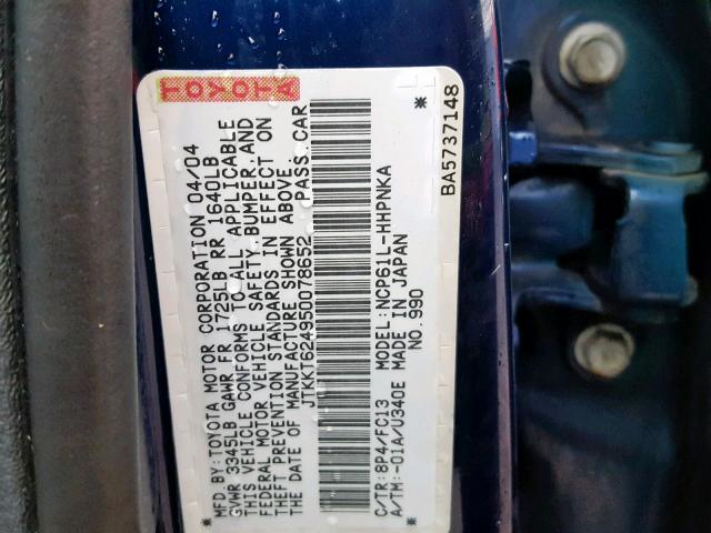 JTKKT624950078652 - 2005 TOYOTA SCION XA BLUE photo 10