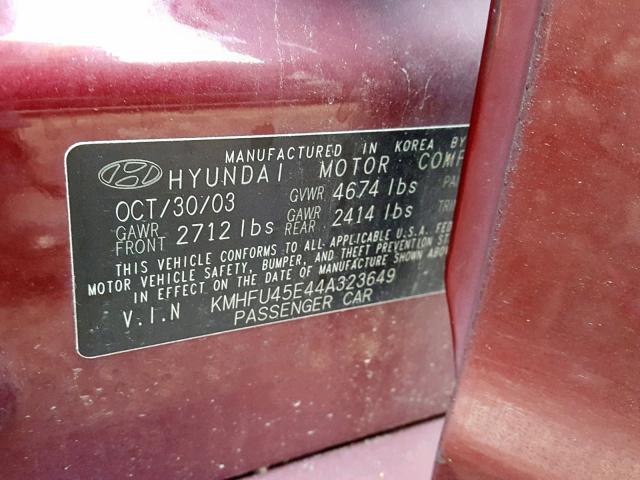 KMHFU45E44A323649 - 2004 HYUNDAI XG 350 BURGUNDY photo 10