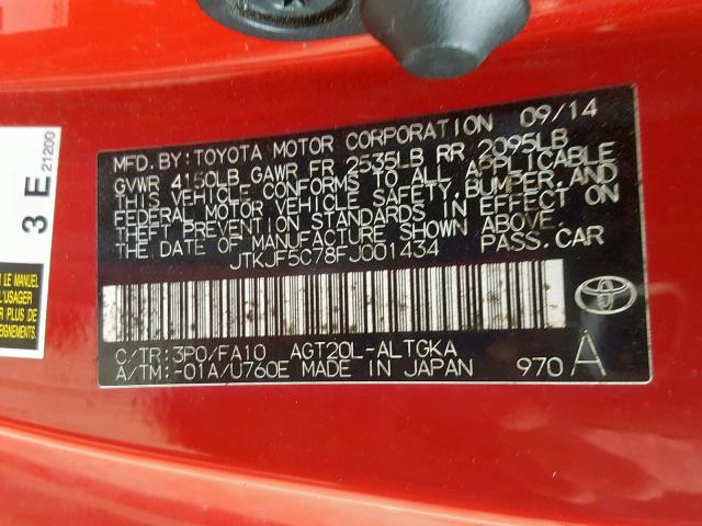 JTKJF5C78FJ001434 - 2015 TOYOTA SCION TC წითელი ფოტო 10