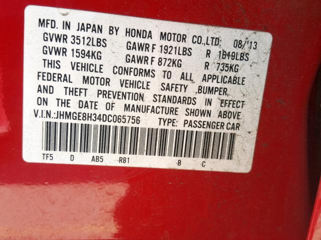 JHMGE8H34DC065756 - 2013 HONDA FIT RED photo 10
