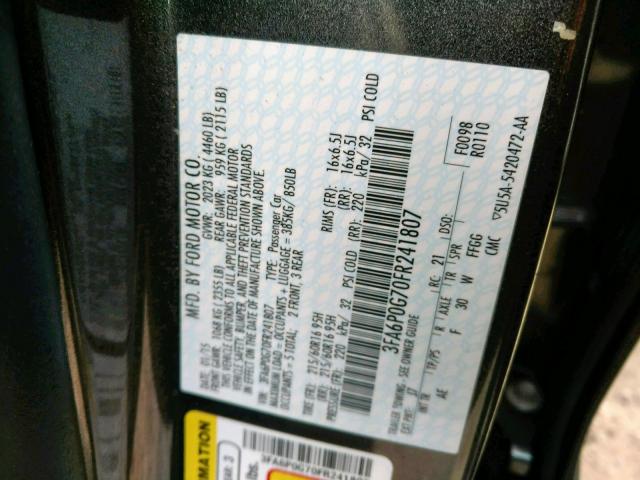 3FA6P0G70FR241807 - 2015 FORD FUSION S GRAY photo 10