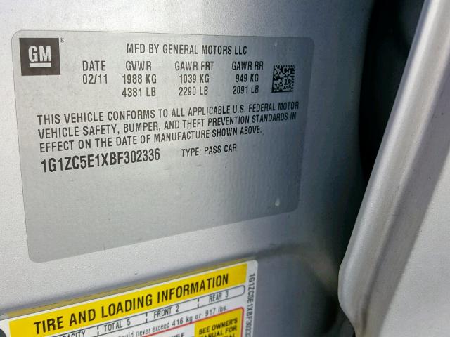 1G1ZC5E1XBF302336 - 2011 CHEVROLET MALIBU 1LT 银色 照片 10