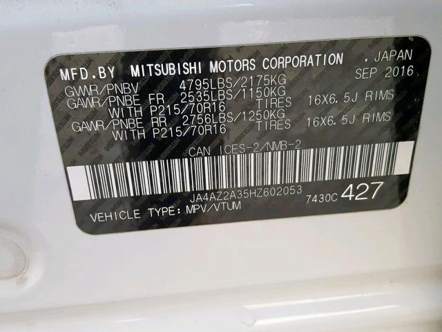 JA4AZ2A35HZ602053 - 2017 MITSUBISHI OUTLANDER WHITE photo 10