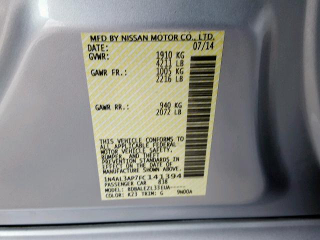 1N4AL3AP7FC141394 - 2015 NISSAN ALTIMA 2.5 SILVER photo 10