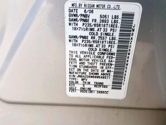 JN8AZ08W66W549571 - 2006 NISSAN MURANO SL SILVER photo 10