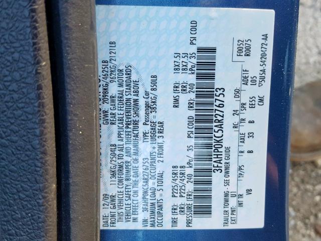 3FAHP0KC5AR276753 - 2010 FORD FUSION SPO BLUE photo 10