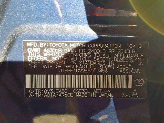 JTHBF1D22E5019456 - 2014 LEXUS IS 250 BLUE photo 10