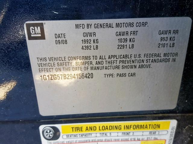 1G1ZG57B294156420 - 2009 CHEVROLET MALIBU LS 蓝色 照片 10