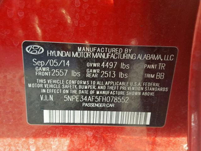 5NPE34AF5FH078552 - 2015 HYUNDAI SONATA SPO RED photo 10