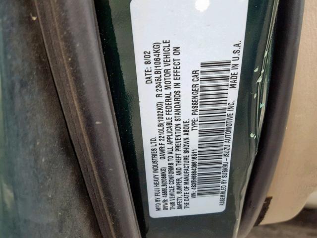 4S3BH686436616511 - 2003 SUBARU LEGACY OUT GREEN photo 10