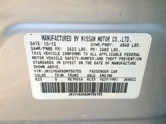 JN1CV6AR6DM756755 - 2013 INFINITI G37 SILVER photo 10