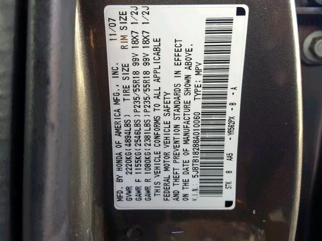 5J8TB18288A010060 - 2008 ACURA RDX GRAY photo 10