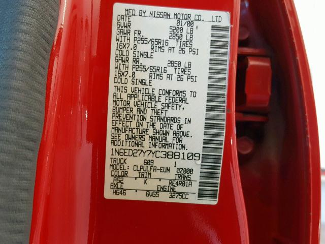 1N6ED27Y7YC388109 - 2000 NISSAN FRONTIER C RED photo 10