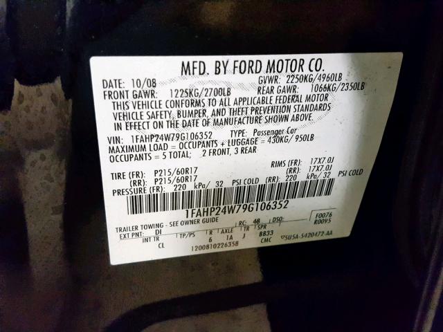 1FAHP24W79G106352 - 2009 FORD TAURUS SEL BLUE photo 10