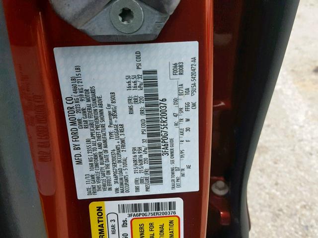 3FA6P0G75ER200376 - 2014 FORD FUSION S ORANGE photo 10