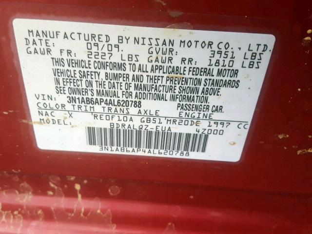 3N1AB6AP4AL620788 - 2010 NISSAN SENTRA 2.0 RED photo 10