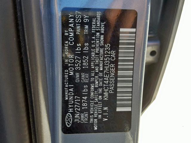 KMHCT4AE7HU351235 - 2017 HYUNDAI ACCENT SE GRAY photo 10