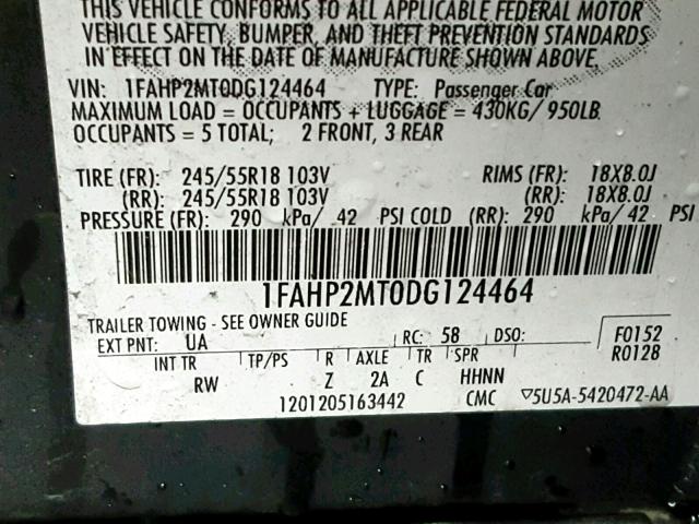 1FAHP2MT0DG124464 - 2013 FORD TAURUS POL BLACK photo 10