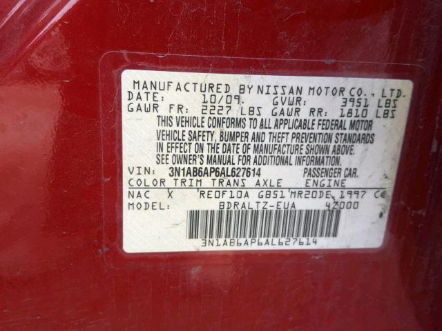 3N1AB6AP6AL627614 - 2010 NISSAN SENTRA 2.0 RED photo 10