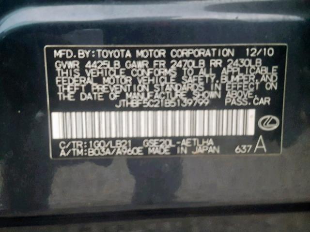 JTHBF5C21B5139799 - 2011 LEXUS IS 250 GRAY photo 10