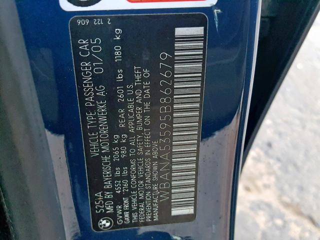 WBANA53595B862679 - 2005 BMW 525 I BLUE photo 10