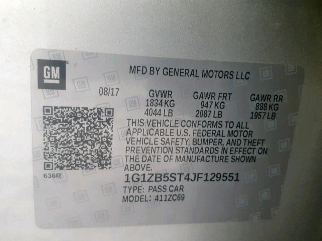 1G1ZB5ST4JF129551 - 2018 CHEVROLET MALIBU LS SILVER photo 10