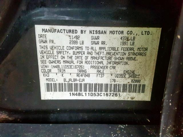 1N4BL11D53C167261 - 2003 NISSAN ALTIMA SE BLACK photo 10