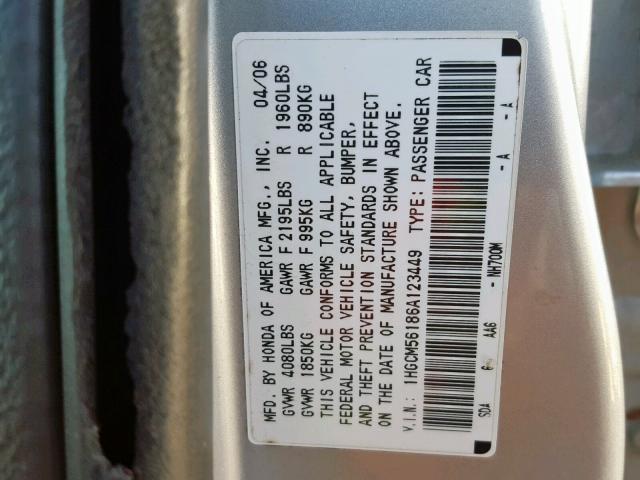 1HGCM56186A123449 - 2006 HONDA ACCORD VAL SILVER photo 10