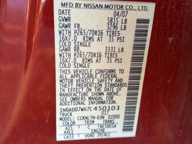 1N6AD07WX7C450103 - 2007 NISSAN FRONTIER C RED photo 10