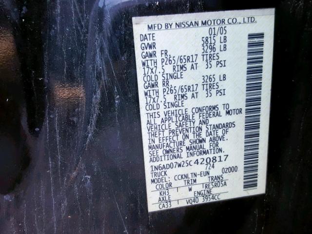 1N6AD07W25C420817 - 2005 NISSAN FRONTIER C BLACK photo 10