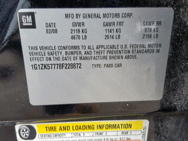 1G1ZK57778F228872 - 2008 CHEVROLET MALIBU LTZ შავი ფოტო 10