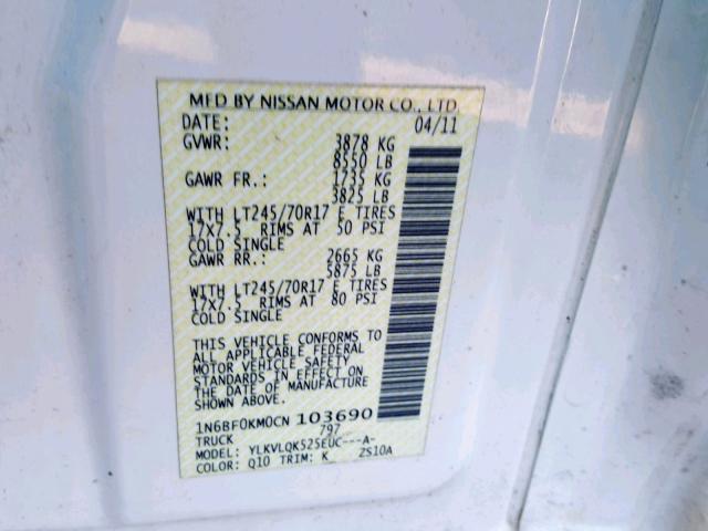 1N6BF0KM0CN103690 - 2012 NISSAN NV 1500 WHITE photo 10