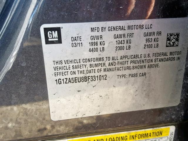 1G1ZA5EU8BF331012 - 2011 CHEVROLET MALIBU LS GRAY photo 10