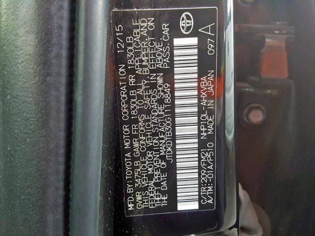 JTDKDTB30G1118849 - 2016 TOYOTA PRIUS C BLACK photo 10