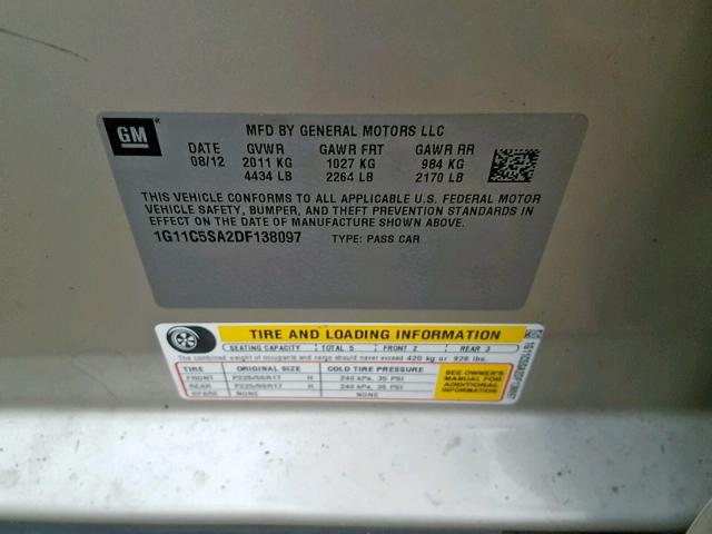 1G11C5SA2DF138097 - 2013 CHEVROLET MALIBU 1LT BEIGE photo 10