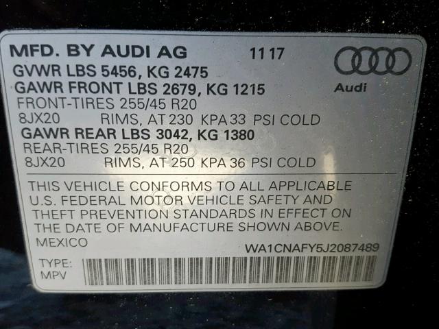 WA1CNAFY5J2087489 - 2018 AUDI Q5 PRESTIG BLUE photo 10