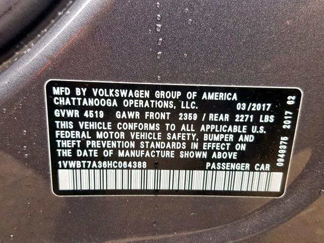 1VWBT7A36HC064388 - 2017 VOLKSWAGEN PASSAT SE GRAY photo 10