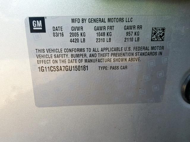 1G11C5SA7GU150181 - 2016 CHEVROLET MALIBU LIM 灰色 照片 10
