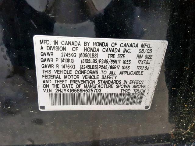 2HJYK16586H525703 - 2006 HONDA RIDGELINE BLACK photo 10
