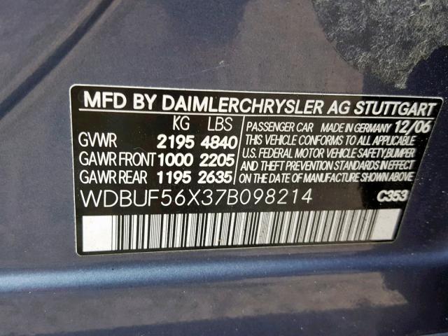 WDBUF56X37B098214 - 2007 MERCEDES-BENZ E 350 BLUE photo 10